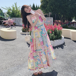 韩版甜美撞色吊带连衣裙女2025夏季新款法式收腰显瘦俏皮减龄长裙图片