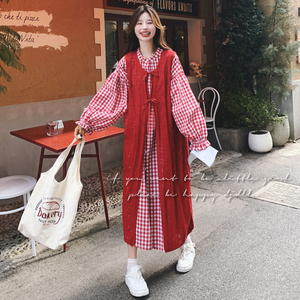 韩系复古格纹衬衫连衣裙套装女2025春秋新款显瘦叠穿罩衫裙两件套图片