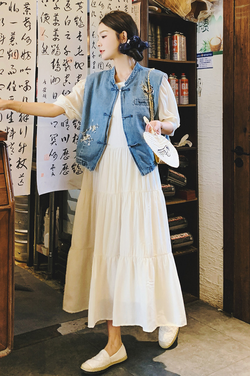 2026夏新中式盘扣牛仔马甲+杏色连衣裙套装88670-P165K228,女装套装/套裙,2C069