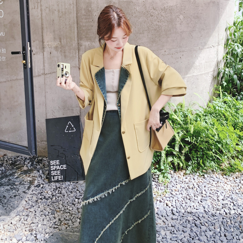 大货数据好法式牛仔拼西装+水洗牛仔半身裙套装F633-P215K288,女装套装/套裙,2C069