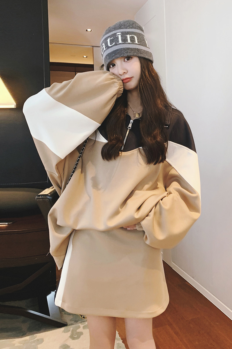 【24春】复古拼接POLO领卫衣+撞色半裙套装1022-P145K198,女装套装/套裙,2C069