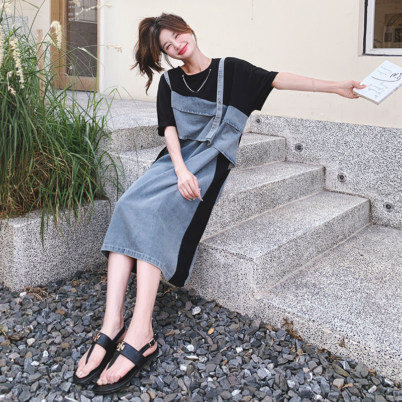 高级感假两件牛仔连衣裙女夏2025新款冷淡系别致独特卫衣t恤裙,女装连衣裙,2C069