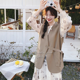 韩版设计感水墨画连衣裙套装女2025春秋季新款PU皮马甲长裙两件套，女装套装/套裙，2C069