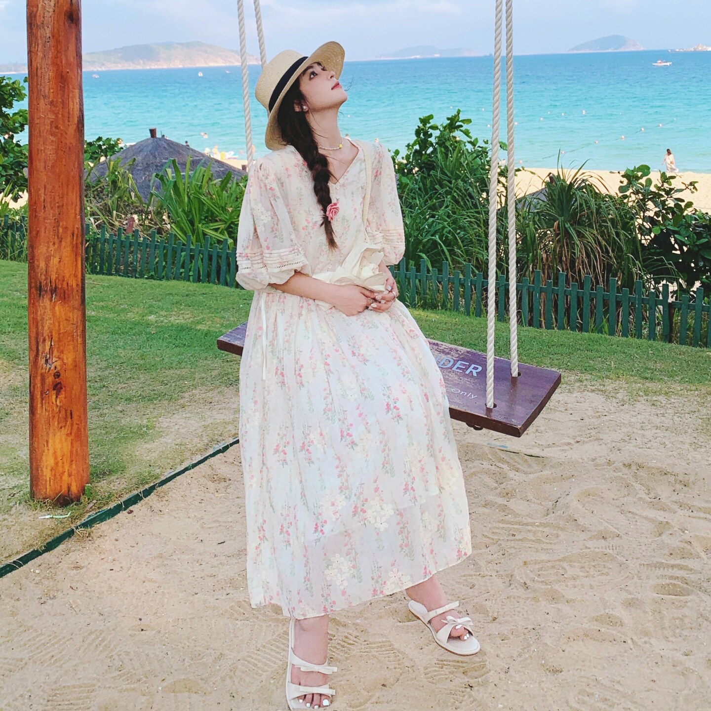 甜美碎花泡泡袖连衣裙女夏2025新款收腰显瘦气质长裙海边度假漂亮,女装连衣裙,2C069