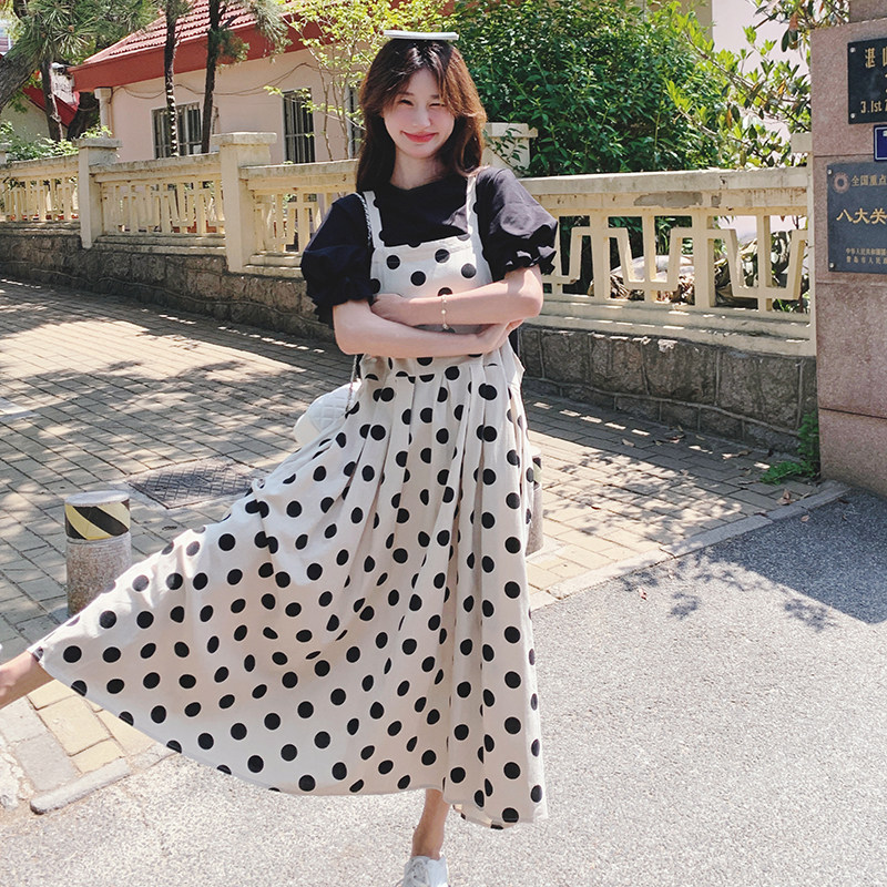 法式复古波点背带裙+设计感黑色T恤套装88790-P145K208,女装套装/套裙,2C069