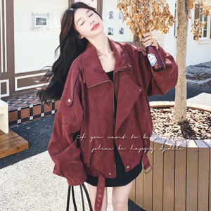 酒红色工装夹克外套女春秋2025新款宽松美式复古爆款大码上衣夹克图片