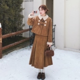 棕色保暖复古牛角扣外套两件套女2025冬季氛围感半身裙淡人两件套，女装套装/套裙，2C069