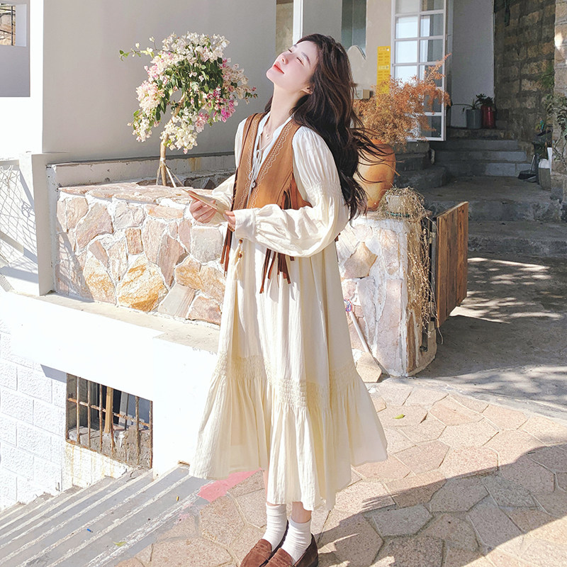 【】法式连衣裙+绣花麂皮绒流苏马甲套装2581-P185K258,女装套装/套裙,2C069