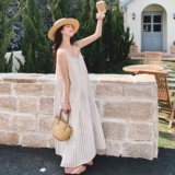 夏薄款斜裁法式条纹百搭优雅显瘦海边度假绝美休闲吊带连衣裙女款，女装休闲裤，2C069