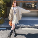 复古奶茶色羊腿袖皮衣外套女2025秋季新款显瘦今年流行爆款PU夹克，女装皮衣，2C069