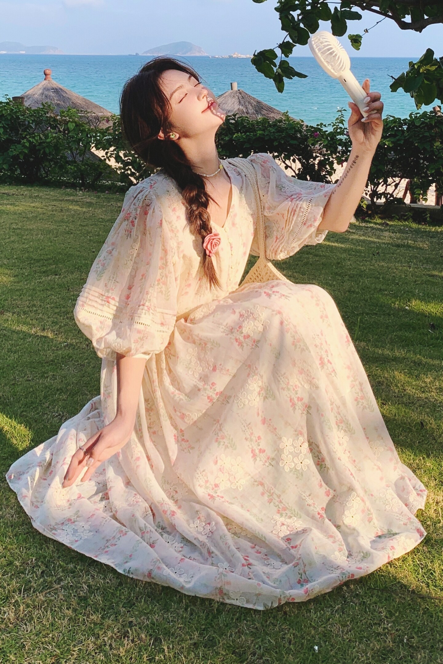 甜美碎花泡泡袖连衣裙女夏2025新款收腰显瘦气质长裙海边度假漂亮,女装连衣裙,2C069