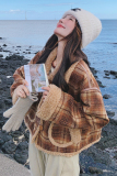 格纹小个子羊羔毛外套女2024冬小众设计感韩系炸街新款厚短款棉衣，女装毛呢外套，2C069