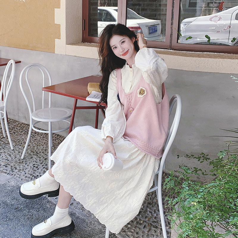 奶甜系针织马甲连衣裙套装女2025秋新款学院风甜美减龄长裙两件套,女装套装/套裙,2C069