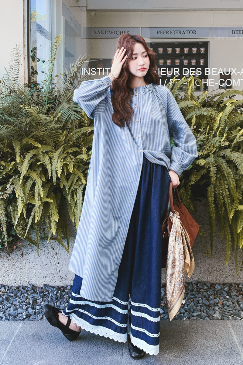 【大货】复古宽松条纹衬衫裙+牛仔阔腿裤套装F626-P185K258,女装套装/套裙,2C069