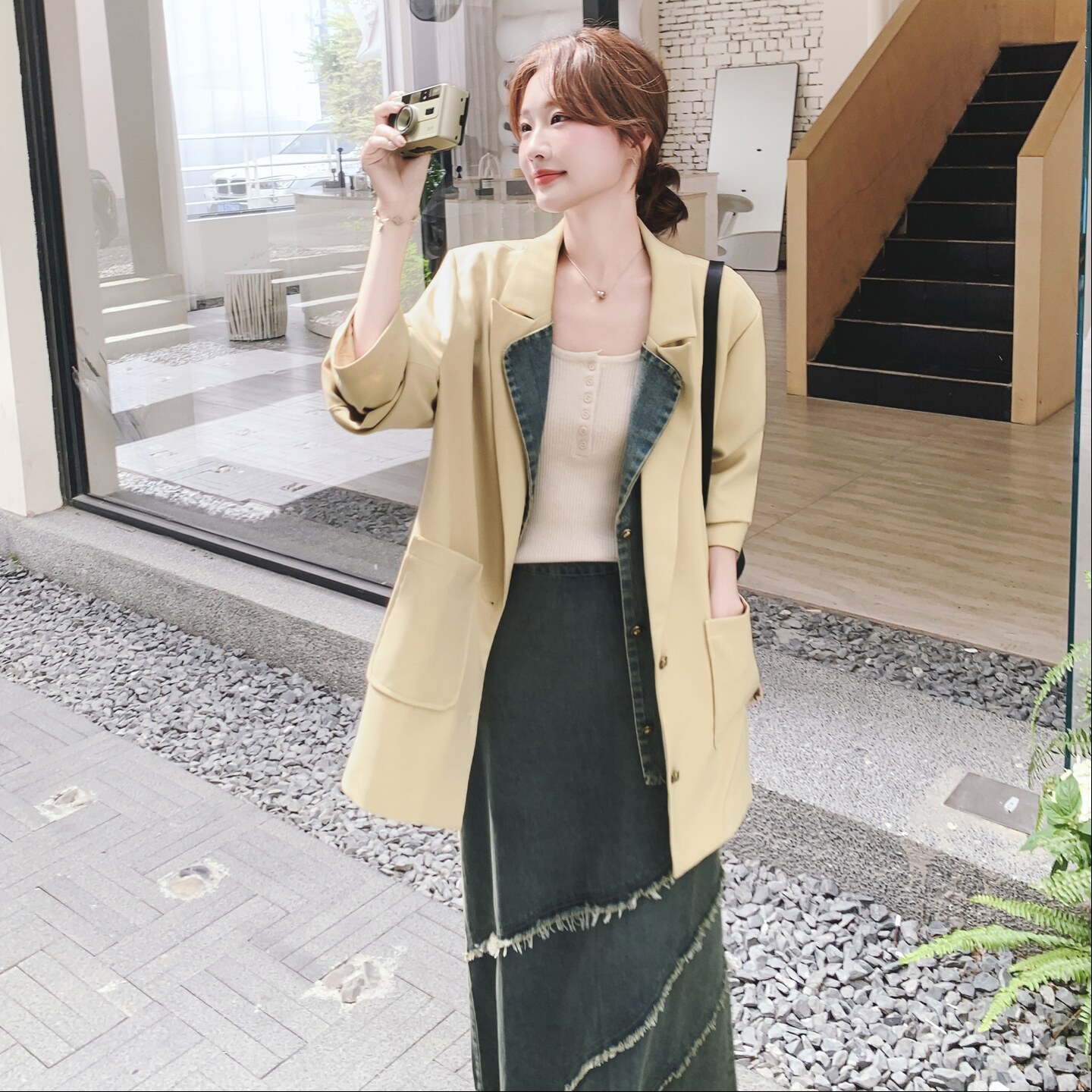 牛仔拼接西装外套半身裙两件套女2025春秋新款韩版显瘦半身裙套装,女装套装/套裙,2C069