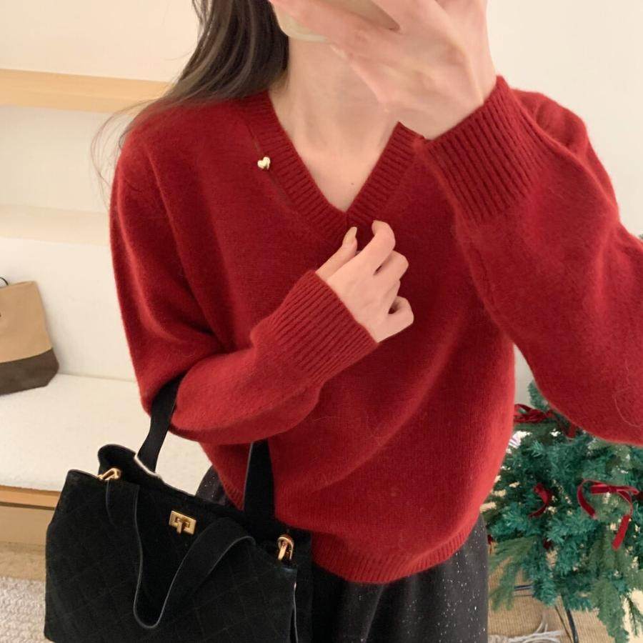 现货！41绵羊毛）韩国东大门时尚V领小浣熊金扣针织衫套头毛衣
