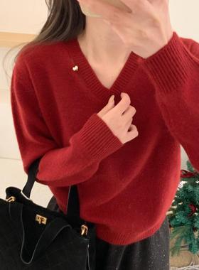 现货！41%绵羊毛）韩国东大门时尚V领小浣熊金扣针织衫套头毛衣