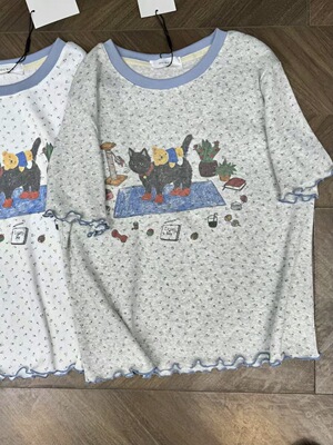 韩国东大门猫咪印花宽松短袖T恤