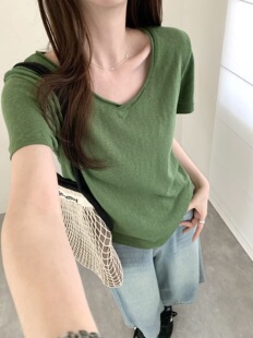 现货ake家韩国东大门 简约纯色百搭棉麻显瘦V领短袖T恤上衣女tee