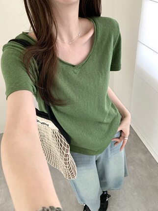现货ake家韩国东大门 简约纯色百搭棉麻显瘦V领短袖T恤上衣女tee