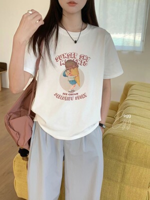 早春鸡蛋家字母印花宽松短袖T恤