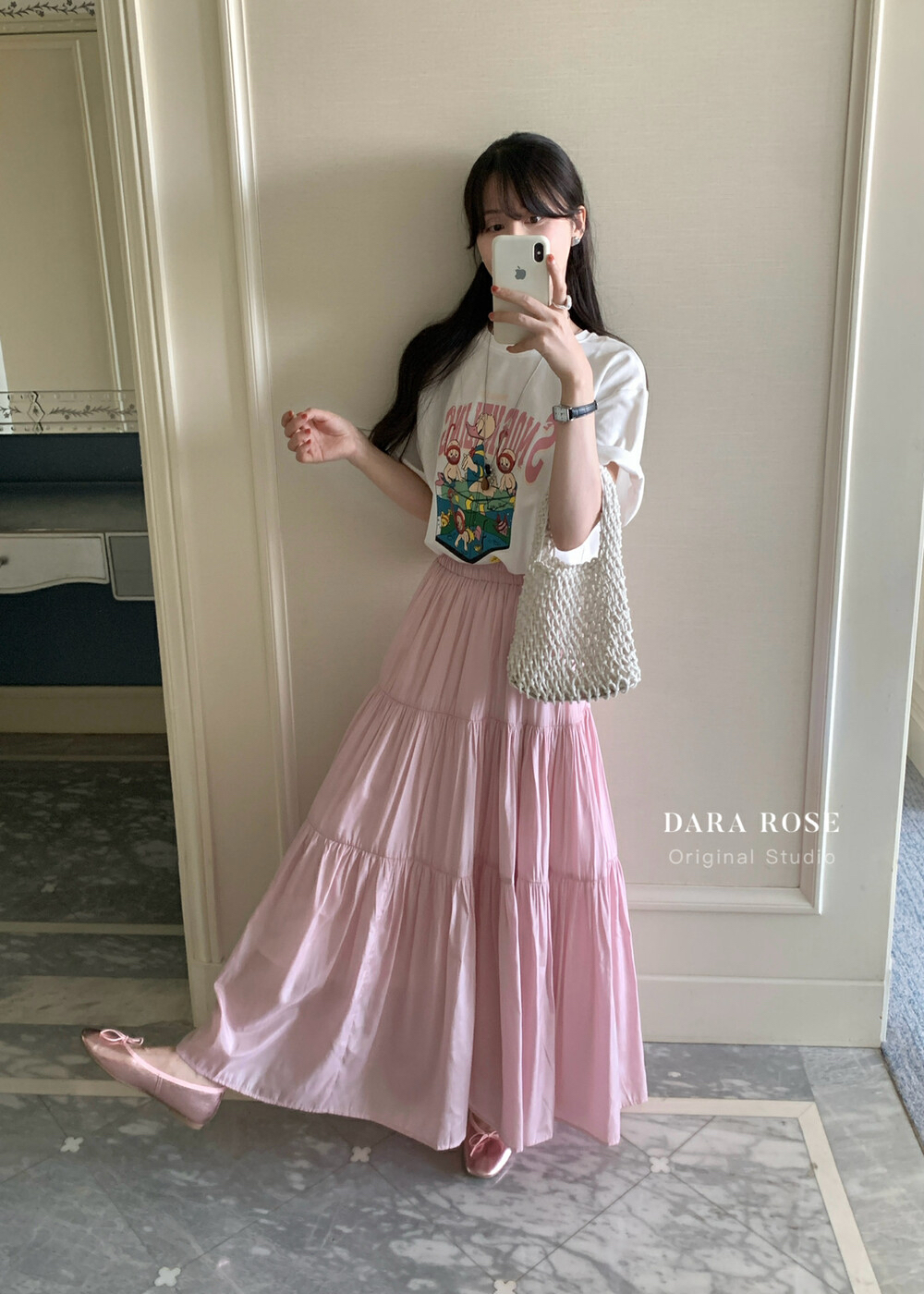 夏上新！Aar家韩国东大门 少女粉棉麻质感压褶拼接A字半身裙1028