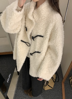 现货～100%羊毛）韩国东大门 高货颗粒绒半高领牛角扣羊毛外套