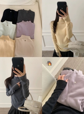 冬上新！东大门新款egg贝壳扣百搭舒适半高领针织衫毛衣上衣打底