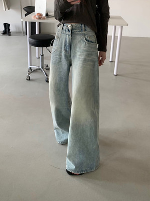早春美式复古做旧高腰阔腿牛仔裤
