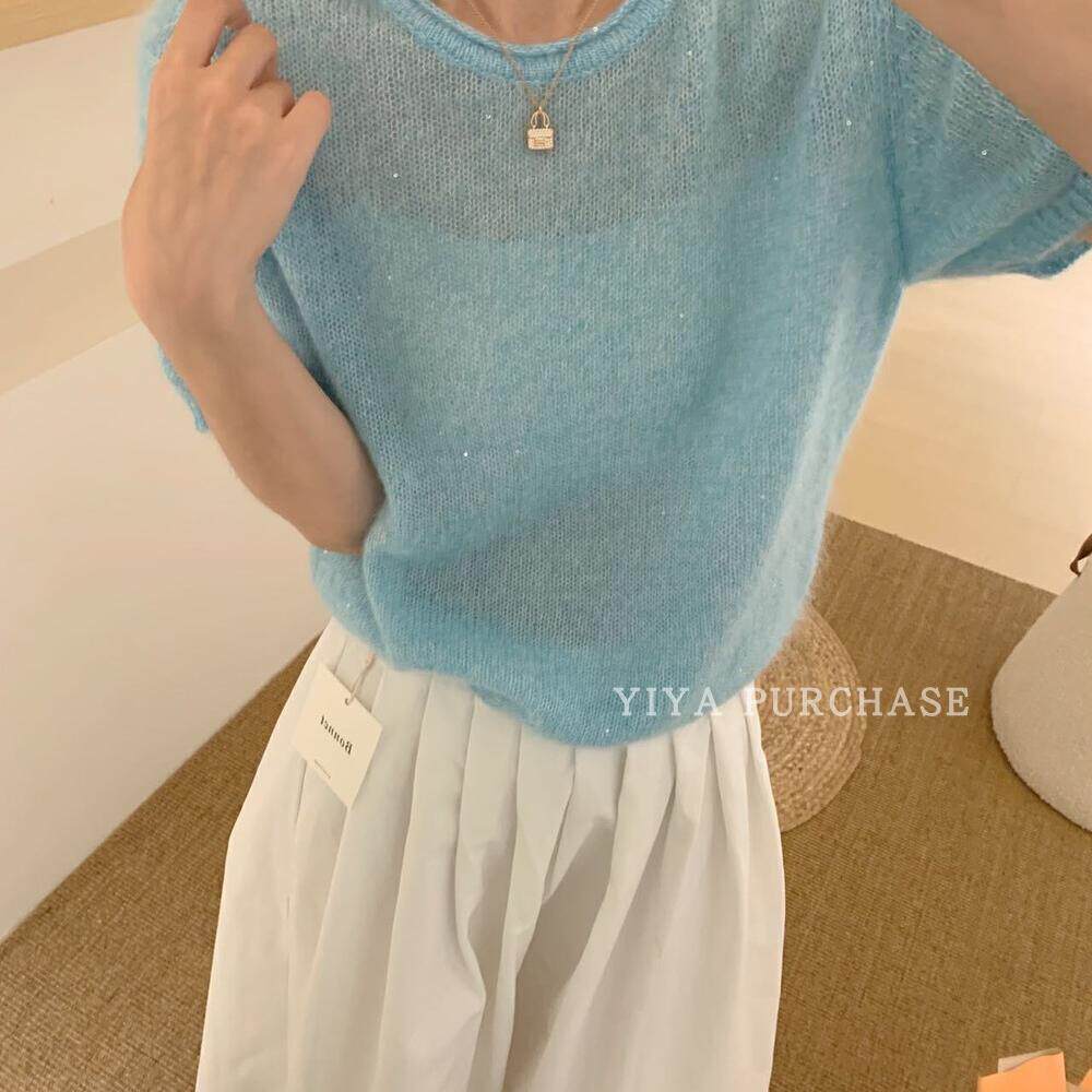 26绵羊毛42马海毛）韩国 星空亮闪柔软不扎半袖针织衫上衣c77