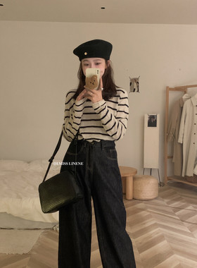 现货～秋上新！Miss家韩国东大门 条纹减龄大圆领针织衫上衣F147