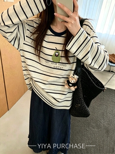 2026秋款egg家韩国 毛巾绣雪梨印花宽松长袖条纹T恤上衣打底衫女