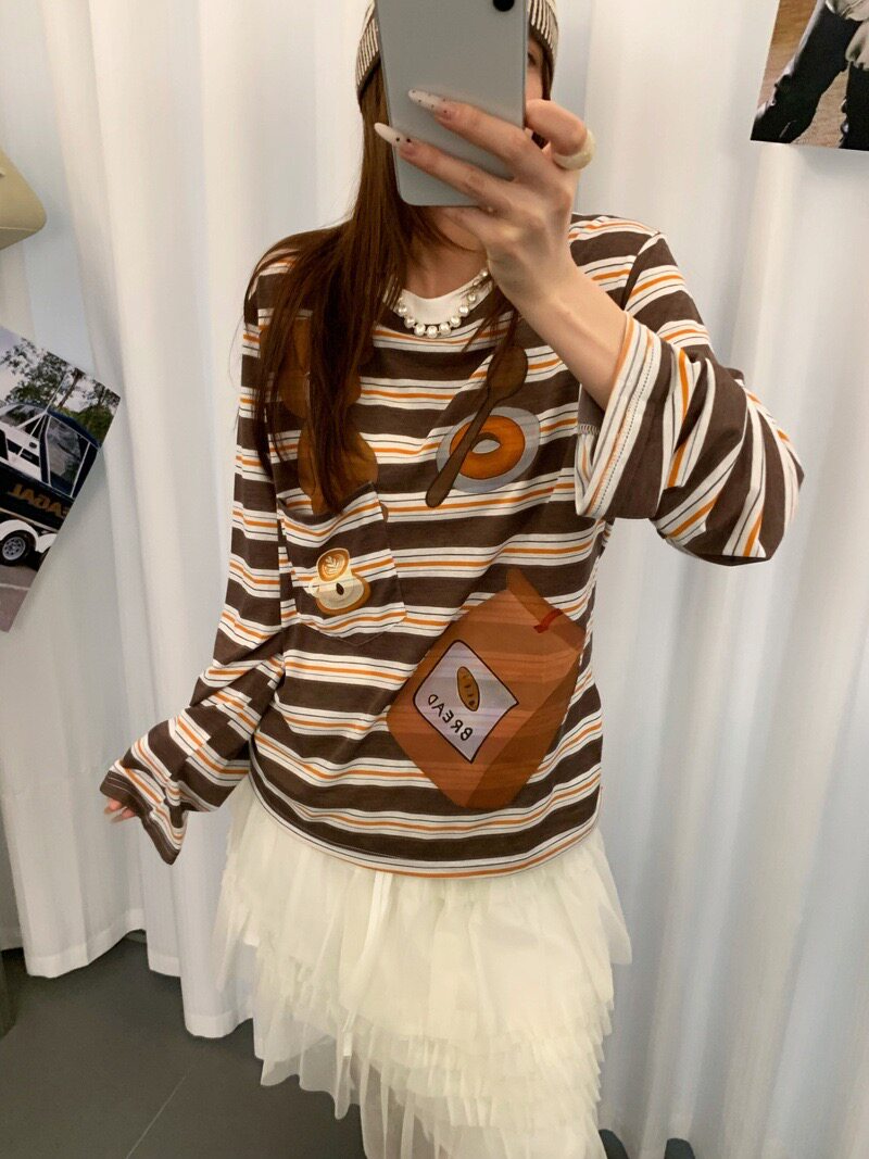 26春季新款韩版时尚卡通小熊印花条纹长袖T恤女宽松休闲慵懒ins风