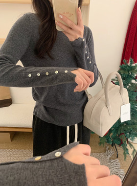 冬上新！100%美丽诺羊毛）韩国东大门 排扣设计半高领针织衫毛衣