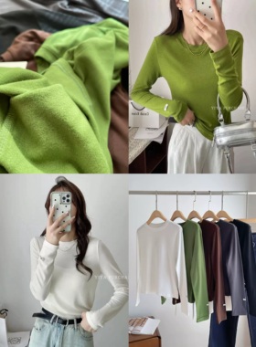 冬季egg家韩国东大门 弹力加绒保暖纯色长袖圆领贴标打底衫上衣女