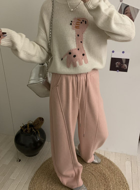 现货～2%羊毛）韩国东大门 显瘦百搭加绒松紧腰弯刀裤休闲裤A09