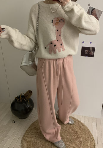 现货～2%羊毛）韩国东大门 显瘦百搭加绒松紧腰弯刀裤休闲裤A09