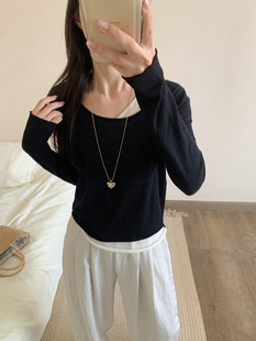 F186 柔软不扎～舒适假两件上衣打底衫 30%天丝羊毛 韩国东大门