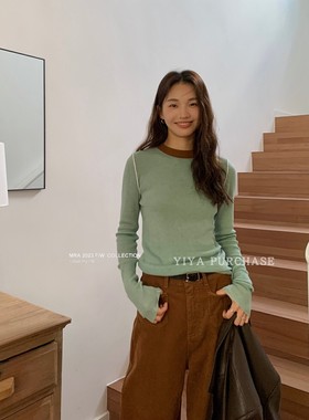 6%羊毛）Mar家韩国东大门 百搭撞色圆领长袖针织衫毛衣打底上衣