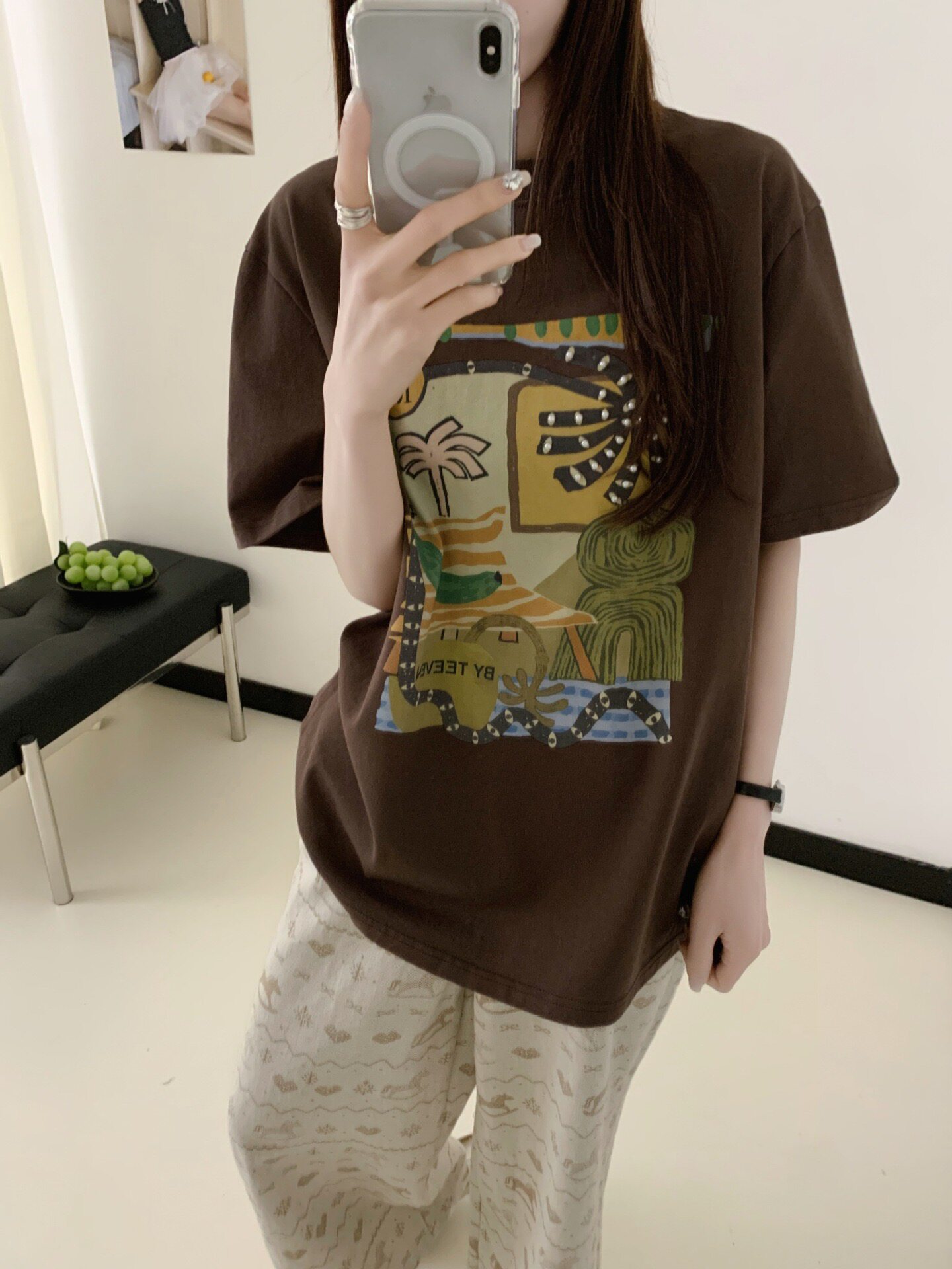 韩国东大门2026夏季 椰树钉珠印花宽松中性风休闲时尚个性短袖T恤