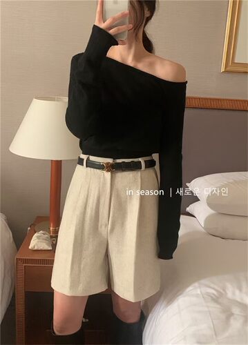 现货东大门不规则漏肩设计针织衫