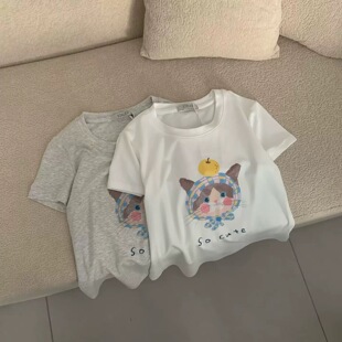 现货 可爱猫咪印花显瘦百搭修身 短袖 T恤上衣 egg韩国东大门鸡蛋家