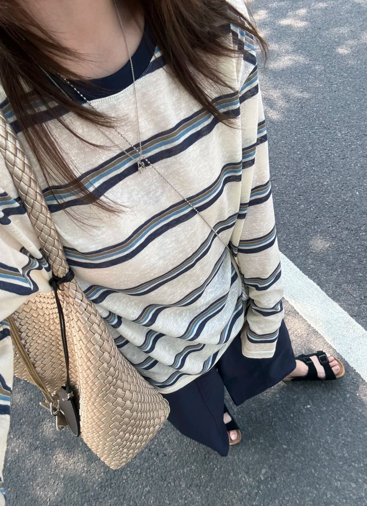 egg韩国东大门鸡蛋家 慵懒风宽松长袖百搭棉麻 条纹T恤打底衫上衣