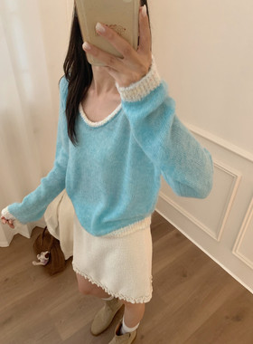 26.5%绵羊毛28%马海毛）韩国东大门 温柔宽松亮眼V领针织衫F329