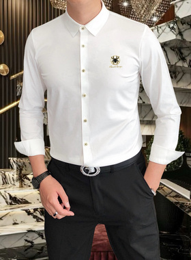 高端!免烫抗皱垂感修身长袖衬衫男士春秋款商务休闲白色正装衬衣