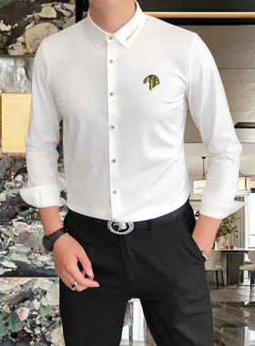 高端弹力免烫白衬衫男士长袖休闲纯色高级感商务修身黑色衬衣百搭