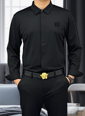 欧货高级感黑色长袖衬衫男2025春季新款痞帅商务潮牌刺绣衬衣内搭