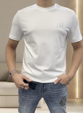 2025短袖男T恤欧洲站轻奢字母简约小领丝光棉修身白色圆领上衣潮