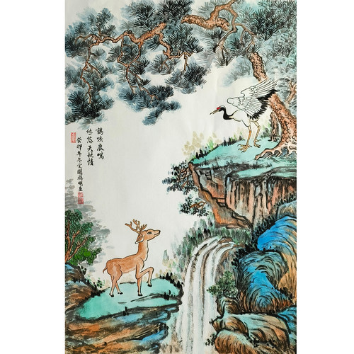 定阐杨明国画鹤唳鹿鸣，46×69
