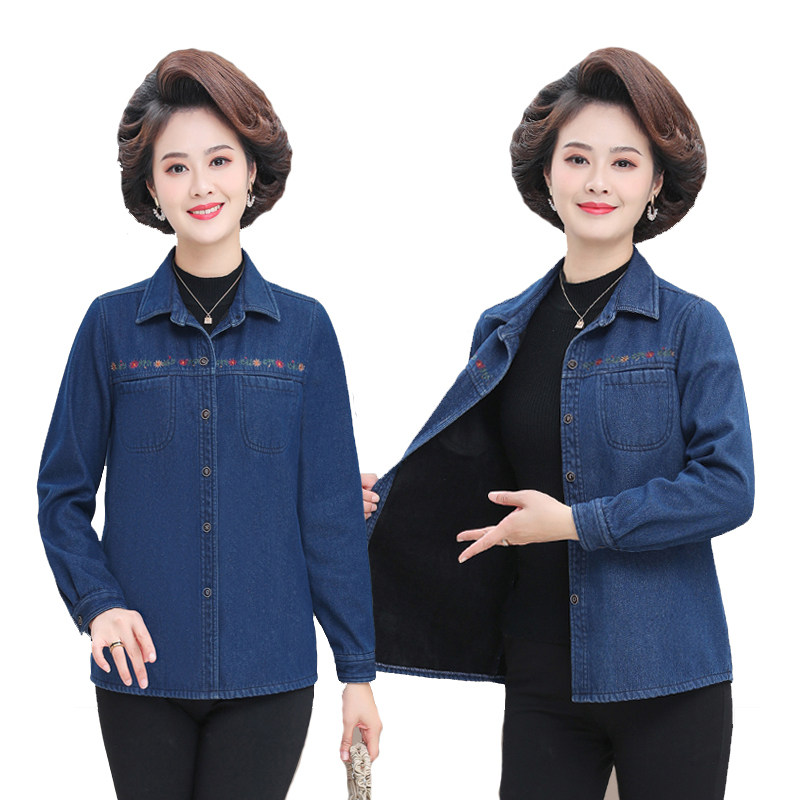中老年女装秋冬加绒牛仔衬衫外套妈妈装长袖纯棉上衣绣花奶奶装